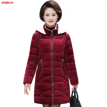 

2019 Women Winter Jackets Thicked Warm Cotton Hodded Outerwear Plus Size 4XL Middle-aged Mother Corduroy Coats Long Parkas 1643