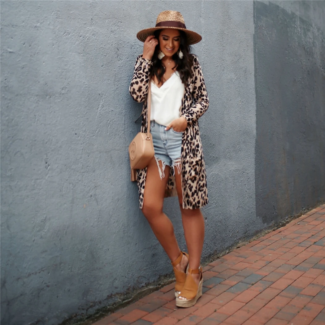 

Leopard Printed Women Nice Sexy Fashion Large Long Coats Long Sleeve Jacket Femme Casaco Outerwear Casual Pocket Coat For Female