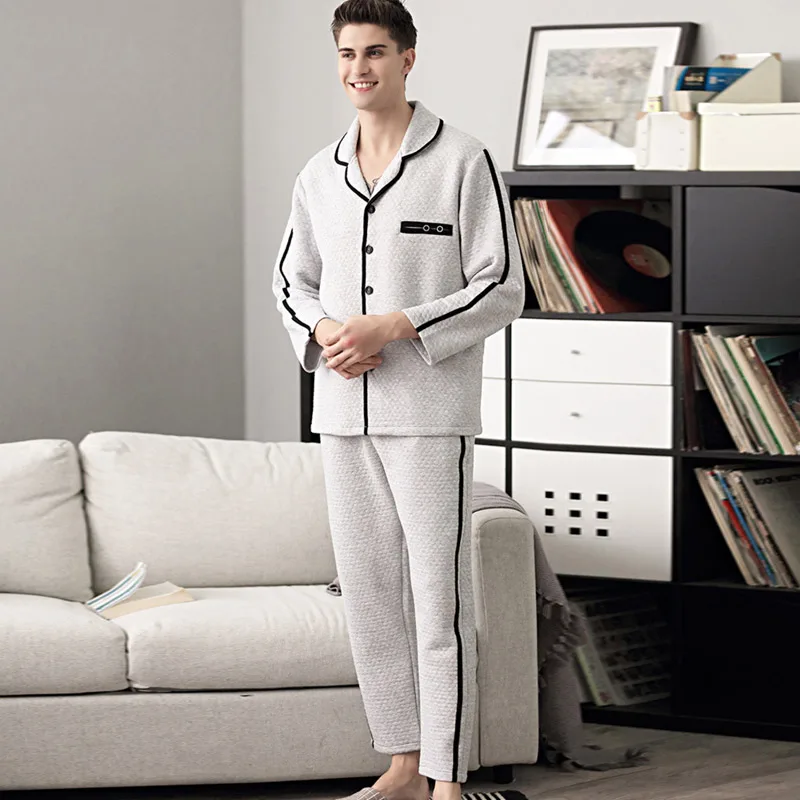 Aolamegs Men Pajamas Set Side Stripe Sleepwear Cotton Soft Thick Fashion Plus Size Simple Style Advanced Warm Pajamas Winter