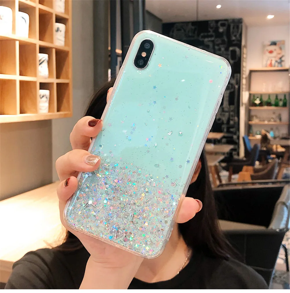 Glitter Bling Star Sequins Case For iPhone 8 7 Plus 7p 6 S 6s Clear Transparent Cases For iphone X XR XS MAX 10 Soft TPU Cover - Цвет: Blue