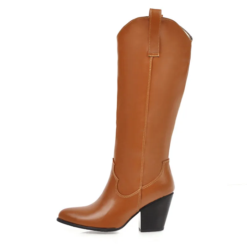 Meotina Winter Western Boots Women PU Leather Thick High Heel Knee High Boots Slip on Pointed Toe Shoes Lady Autumn Big Size 43
