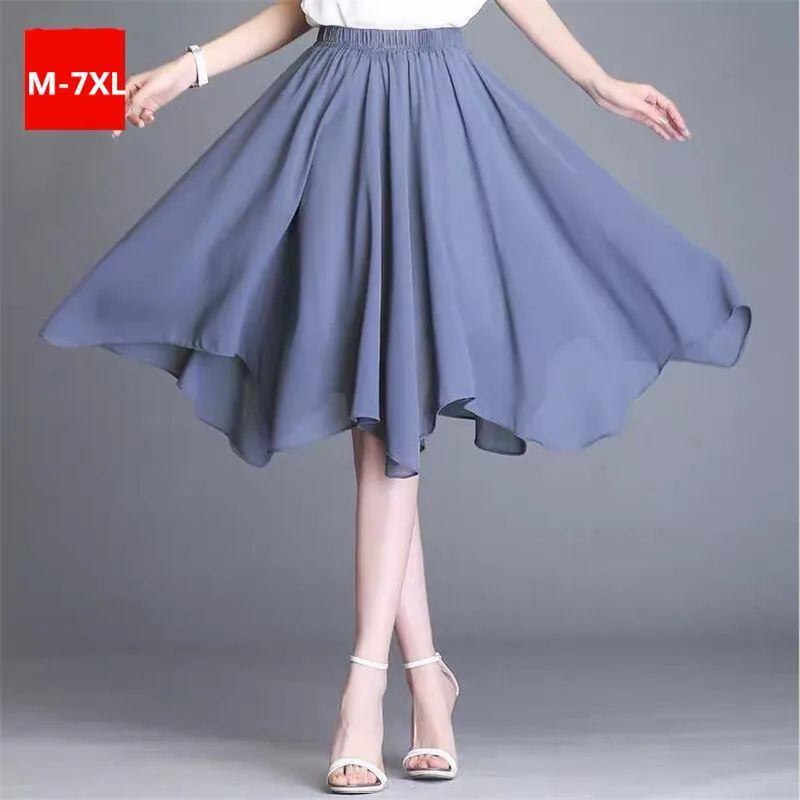 

Office Lady Summer All-Match Midi Skirts 10 Color Women Elegant Irregular Chiffon Skirts Plus Size 5XL 6XL 7XL Black White Pink