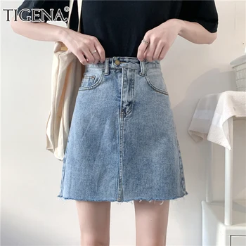 

TIGENA Basic Denim Skirt Women Fashion 2020 Summer Korean School A Line High Waist Jeans Skirt Female with Pocket Black Blue
