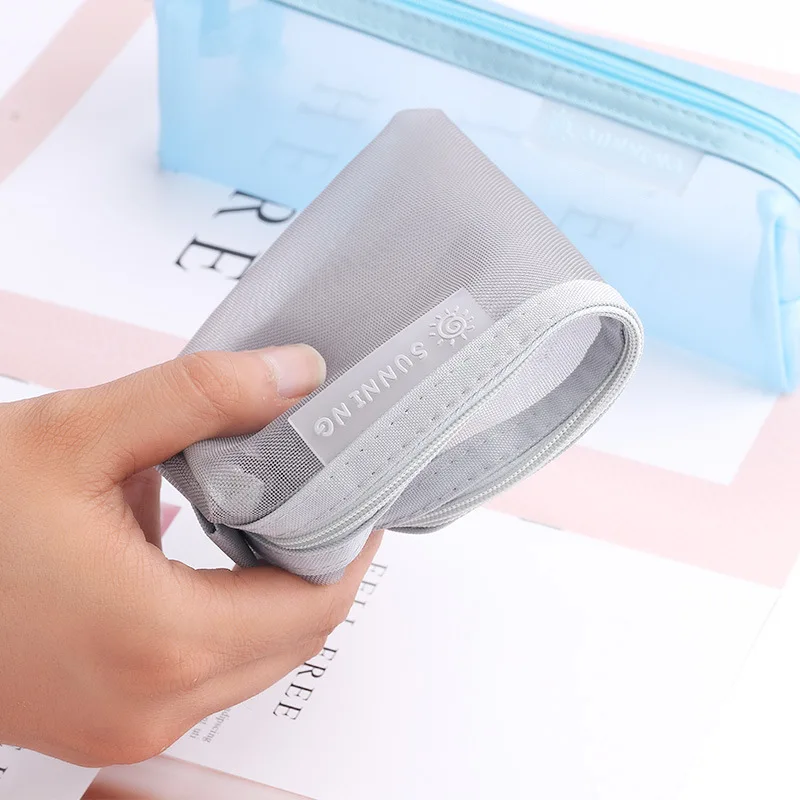 School Mesh Pencil Cases Kawaii Cute Solid Color Transparent Pencil Box School Student Pen Bag Supplies Lapis Stationery pencil cases