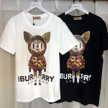 

Spring and Summer Jacket fawn print cartoon loose version of cotton round collar t-shirt students couples