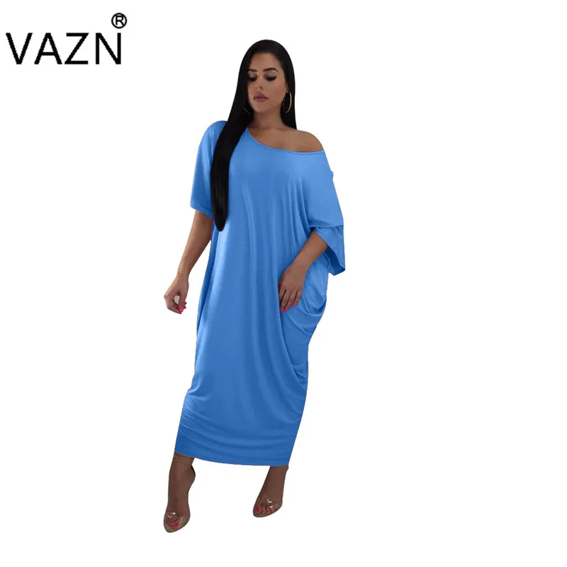 VAZN High Street Design женское простое платье для отдыха однотонное с круглым вырезом и коротким рукавом свободное чистое Мягкое повседневное платье макси-длины S682 - Цвет: Синий