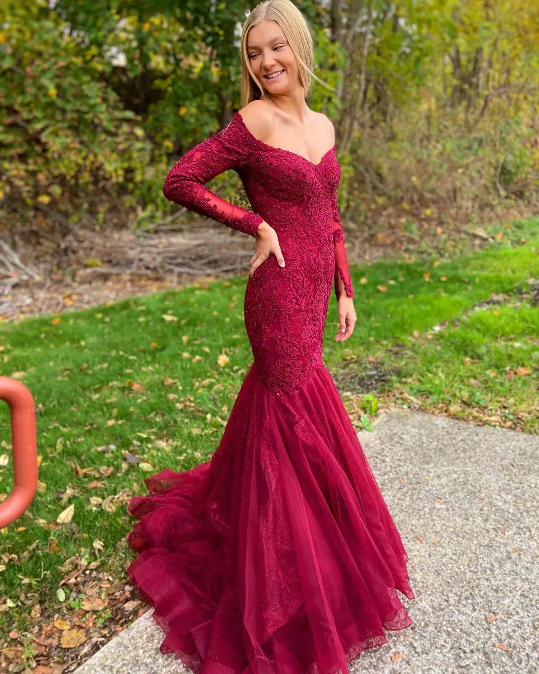 Бургундия HONGFUYU Robe De Soiree Русалка Вечерние платья со шлейфом удивительные Vestidos кружевное вечернее платье с аппликацией Длинные платья для выпускного бала рукава - Цвет: Бургундия