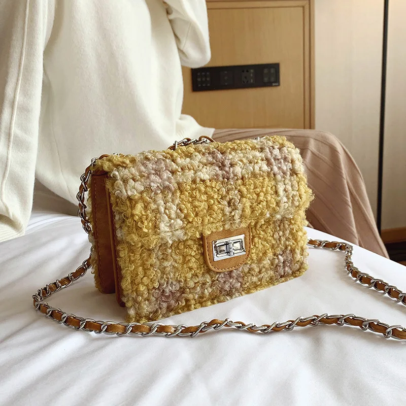 

Elegant Female Plaid Square bag 2019 Winter New Quality Soft Plush Women's Designer Handbag Small Chain Shoulder Messenger Bags