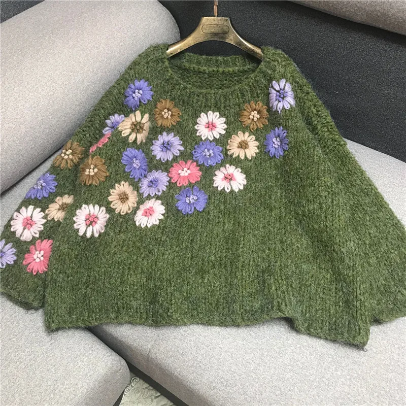 Свободный вязаный пуловер с вышивкой, женский свитер, Осень-зима, модный топ с круглым вырезом, свитер - Цвет: green