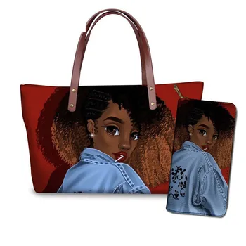 

Women's Custom mode 2pcs/set Handbags Black Art African Girls Printing Shoulder Tote Bag Ladies Travel Beach Hand Bags Females