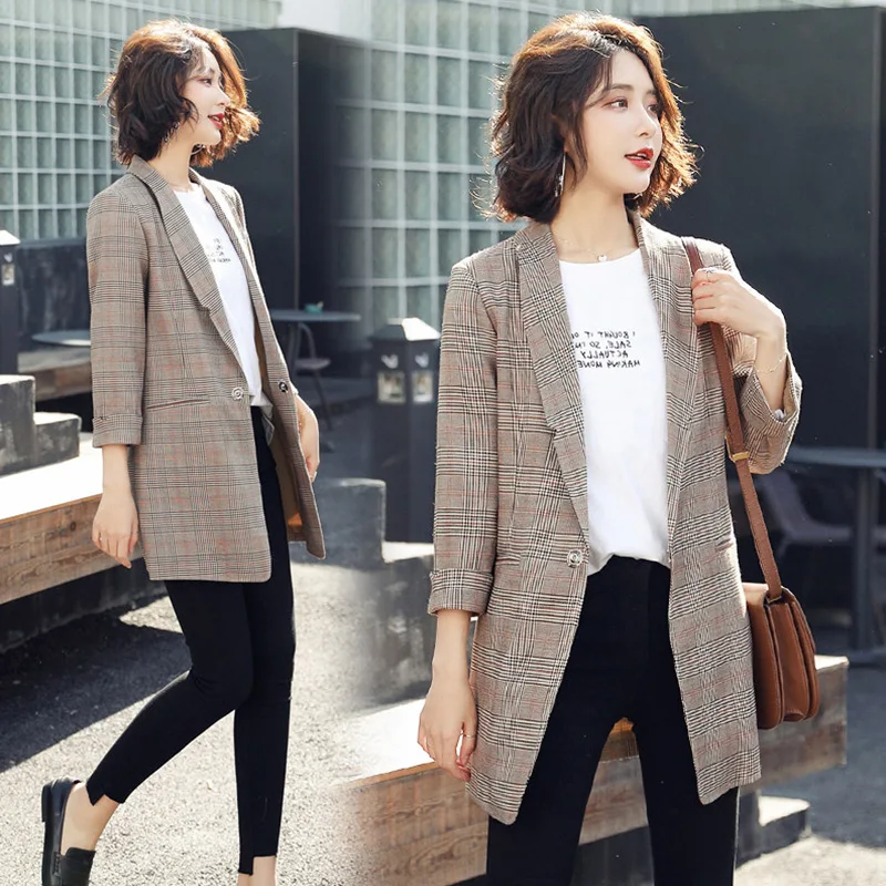 

CHIC Plaid Small Suit Coat Women's 2019 Spring Clothing New Style Korean-style Slim Fit Versatile Mid-length Suit Tops
