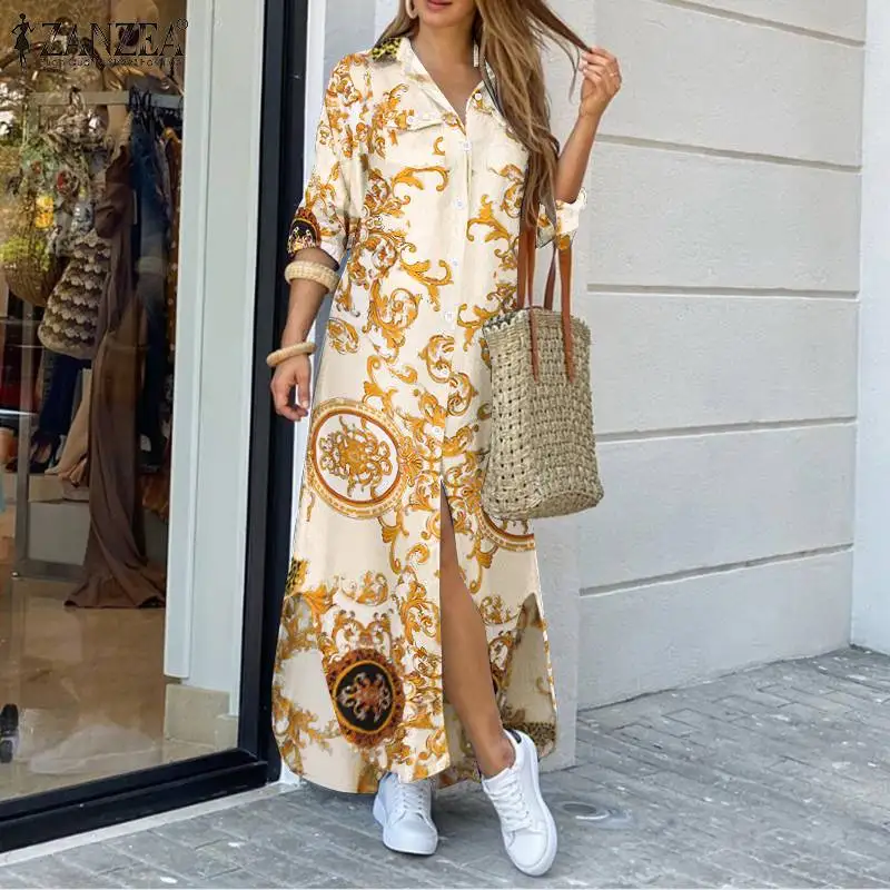

Женское Модное Длинное Платье Макси ZANZEA с цветочным принтом длинное праздничное пляжное Повседневное платье 2023 осеннее богемное платье-рубашка
