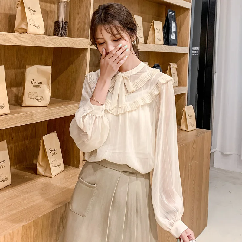  2019 Autumn Long Sleeve Very Fairy White Shirt Bow Chiffon Blouses for Women Fashion Western Style 