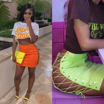

2020 Sexy Club Female Mini Pencil Skirt Women High Waist Lace Up Neon Green Orange Solid Bodycon Hollow Out Bandage Skirts