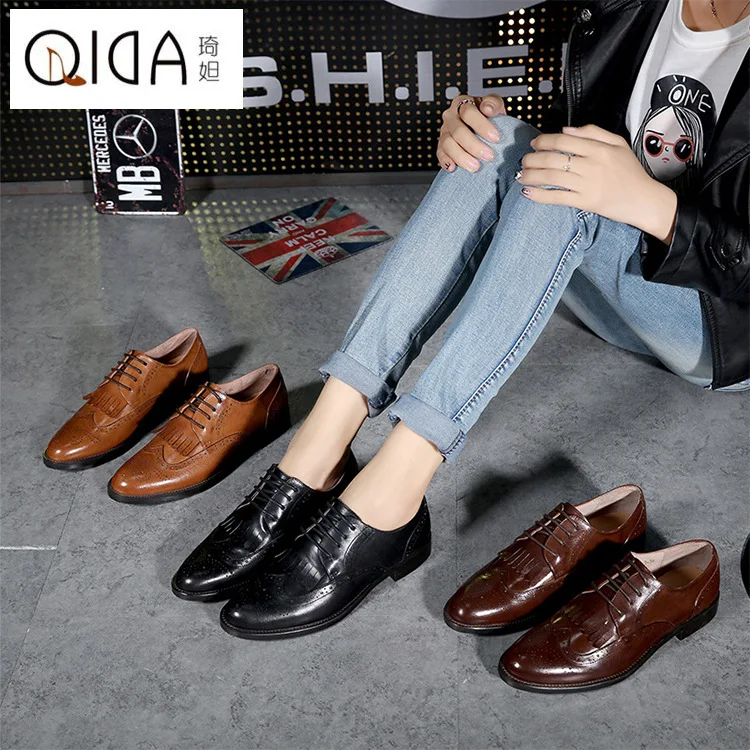 

2018 Spring New Style Kitten Heels Women's Summer Shoes British Style Bullock Tassels College Square Heel Small Leather Shoes