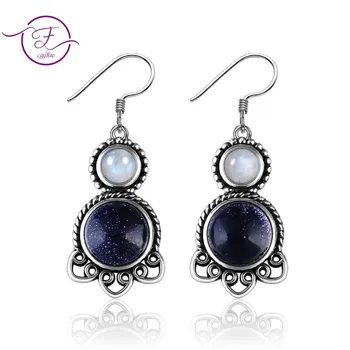 

925 Sterling Silver Pendant Earrings 5MM 9MM Round Blue Sandstone Charoite Cute Cat Ear Earrings Women Jewelry Wedding Party