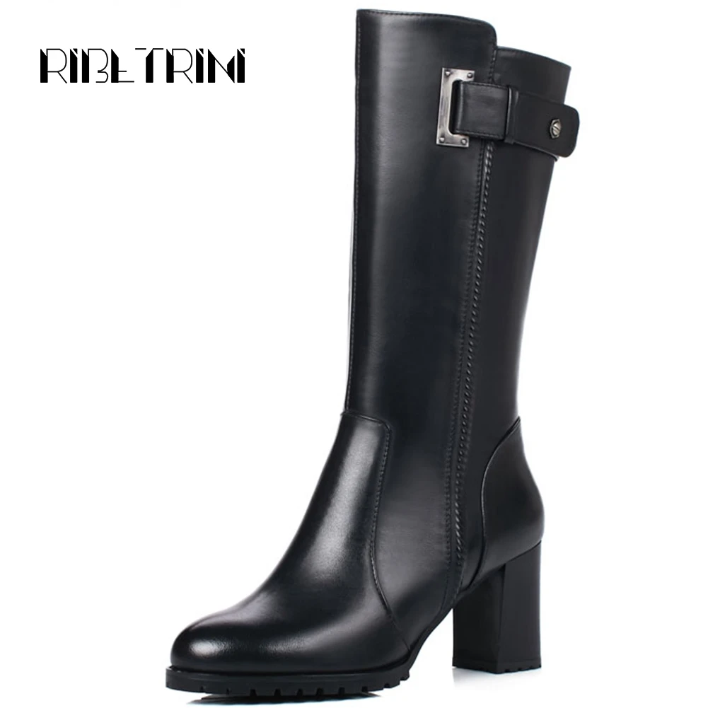 

RIBETRINI Retro Genuinie Leather Boots For Women Chunky High Heel Autumn Winter Fur Shoes Woman Zip Platform Mid Calf Boots