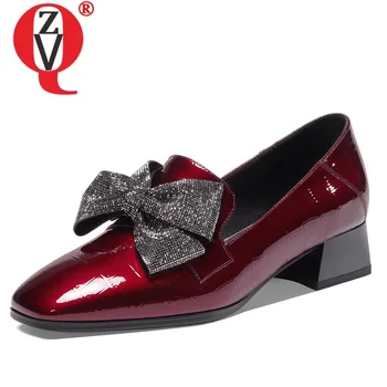 

ZVQ spring new fashion women pumps outside comfortable mid heels square toe genuine leather bowtie women shoes drop shipping