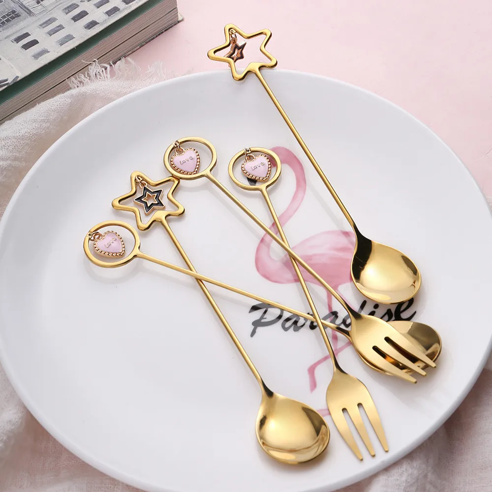 304 Stainless Steel Creative Cute Coffee Spoon Small Pendant Long Handle Water Cup Stirring Spoon Dessert Salad Fruit Fork 1PCS