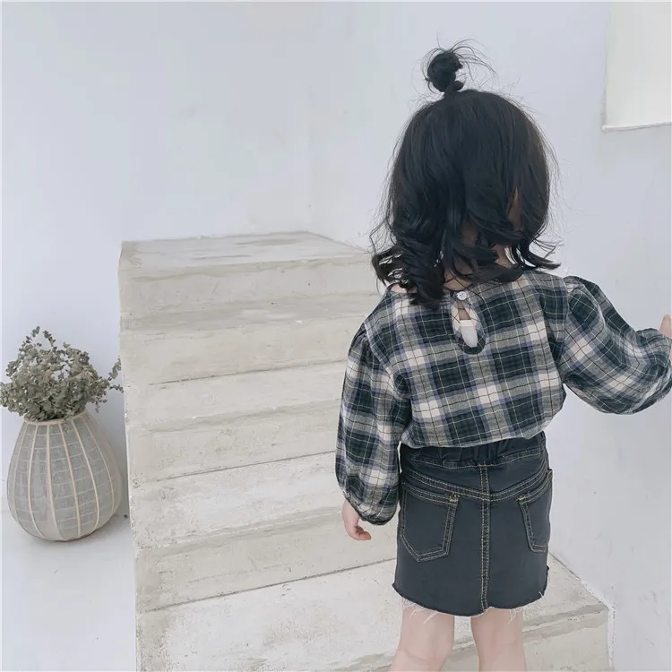 

Hsenting 19 Spring New Style Korean-style Elegant Retro Comfortable Cotton Linen Lantern Sleeve Plaid Medium-length Shirt Dress