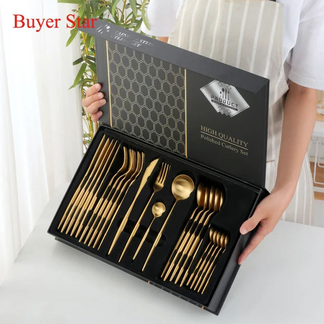 24Db Rozsdamentes Acél Arany Asztali Edények Villa Kanálkés Evőeszközök Szett 6 Étkészlet Vacsora Szálloda Ajándékdoboz - Image 3