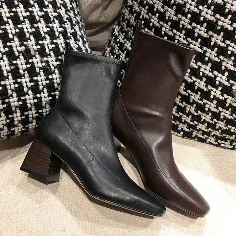 

Ankle Boots Women Shoes Woman Boots Fashion High Heel Square Toe Retro Short Boots 2020 Spring New PU Breathable Short Boots X52