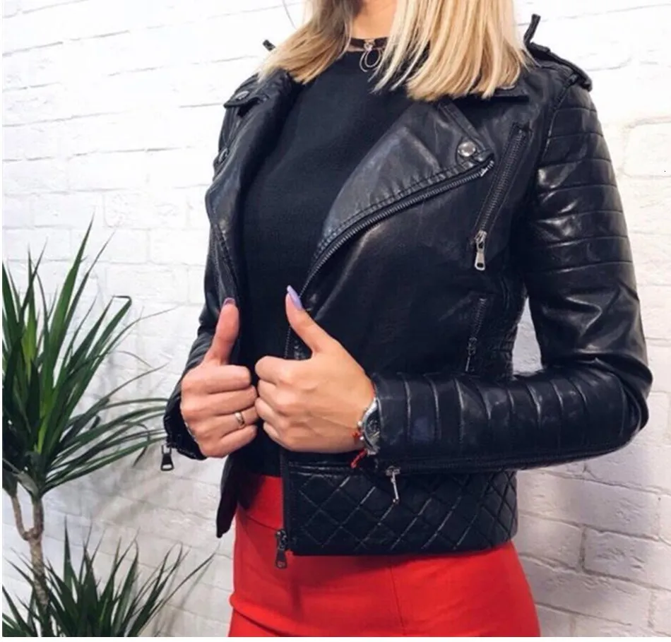 Модная женская мотоциклетная куртка из искусственной кожи с отложным воротником, Женская Байкерская уличная куртка с длинным рукавом