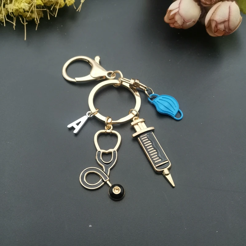 Key Rings Key Chains A-Z Letters New Design Keychain Doctor Medical Tool Stethoscope Syringe Face Mask Nurse Medical Gift Keychain Souvenir