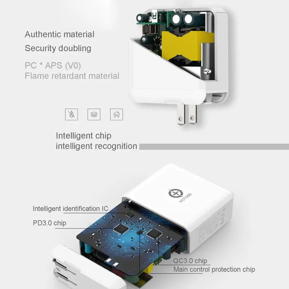 WOTOBE 2 порта USB-C зарядное устройство, 1 порт PD60W и 1 QC3.0/SCP/AFC 22,5 Вт USB C кабель для huawei p20/30 MacBook iPad iPhone s10