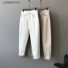 Lugntolo, женские джинсы, зимние, с высокой талией, вельветовые, плотные, повседневные, прямые, одноцветные, на пуговицах, с карманами, длиной до лодыжки, теплые, модные джинсы