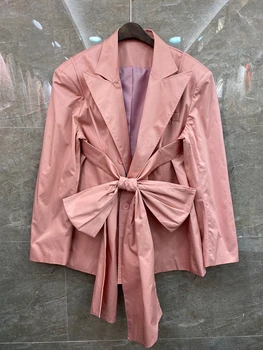 

2020 Autumn and Winter new women's short lapel butterfly tie knot waist long sleeve solid color coat 912