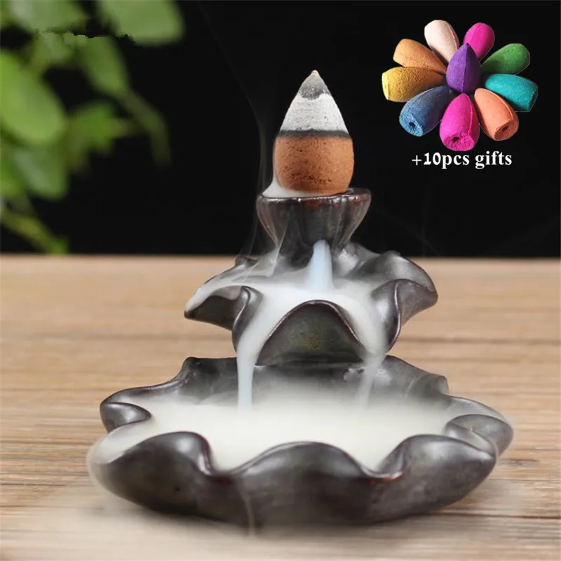 Ceramic Retro Ceramic Backflow Incense Burner Waterfall Censer Incense Holder Aromatherapy Furnace Home Decoration+ 10pcs Cones - Цвет: With 10pcs mixed-21