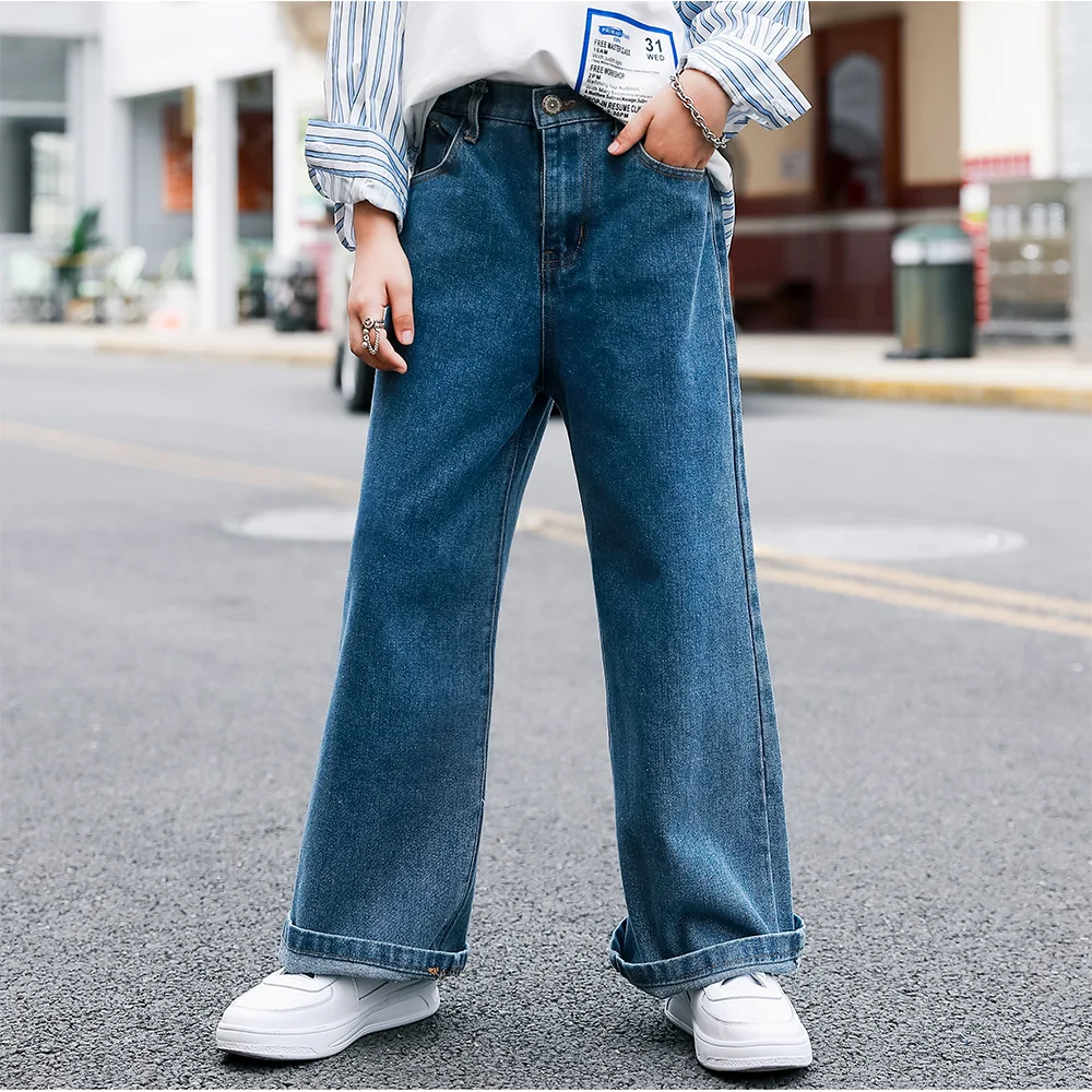 

Teens Jeans for Girls Pants Autumn Winter Thicken Loose Wide Leg Pants for Kids Trousers Denim Blue Childrens Clothing 8 10 12 Y
