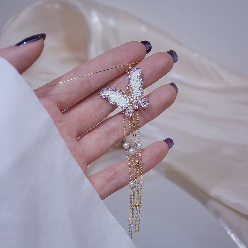 Ins Hot Sale Colorful Zircon Butterfly Necklace for Women Long Design Tassel Pearl Choker Torques Wedding 14k Jewelry Pendant - Image 6