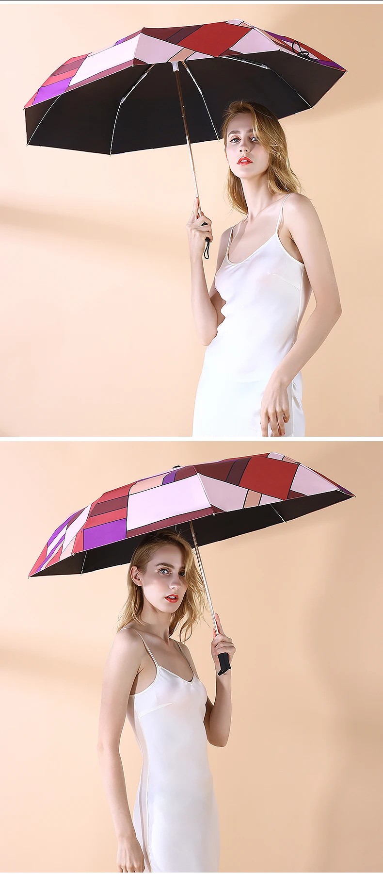 High Quality Elegant Stitching Lattice Three-folding Umbrella Rain Women Luxury Golden Umbrella Strong Windproof Parasol