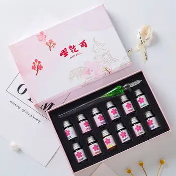 

13pcs/set Cherry Blossom Bottle Dip Glass Pen Ink Fountain Dip Signature Writing Supplies Gift Box C26