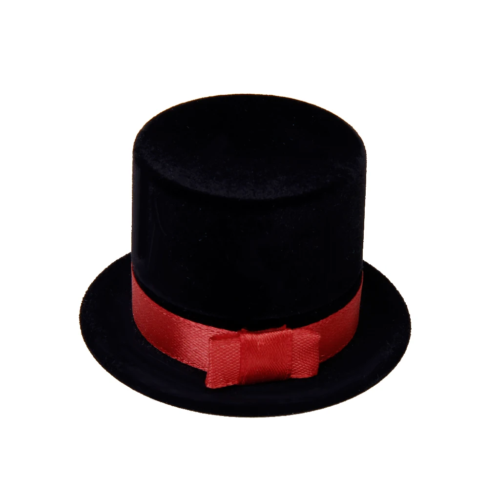 Velvet Black Hat Design Wedding Band Ring Storage Box Jewelry Display Case