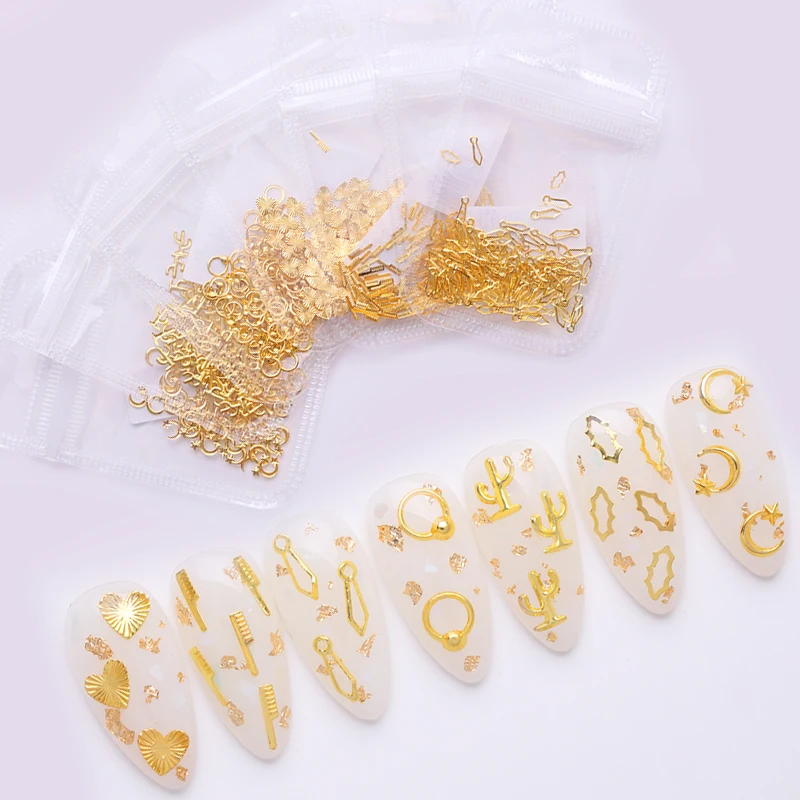 

1 Bag Metal Gold Nail Studs Rivets Mix Star Moon Cactus Shape Irregular 3D Nail Art Decorations Hollow Nail Accessories