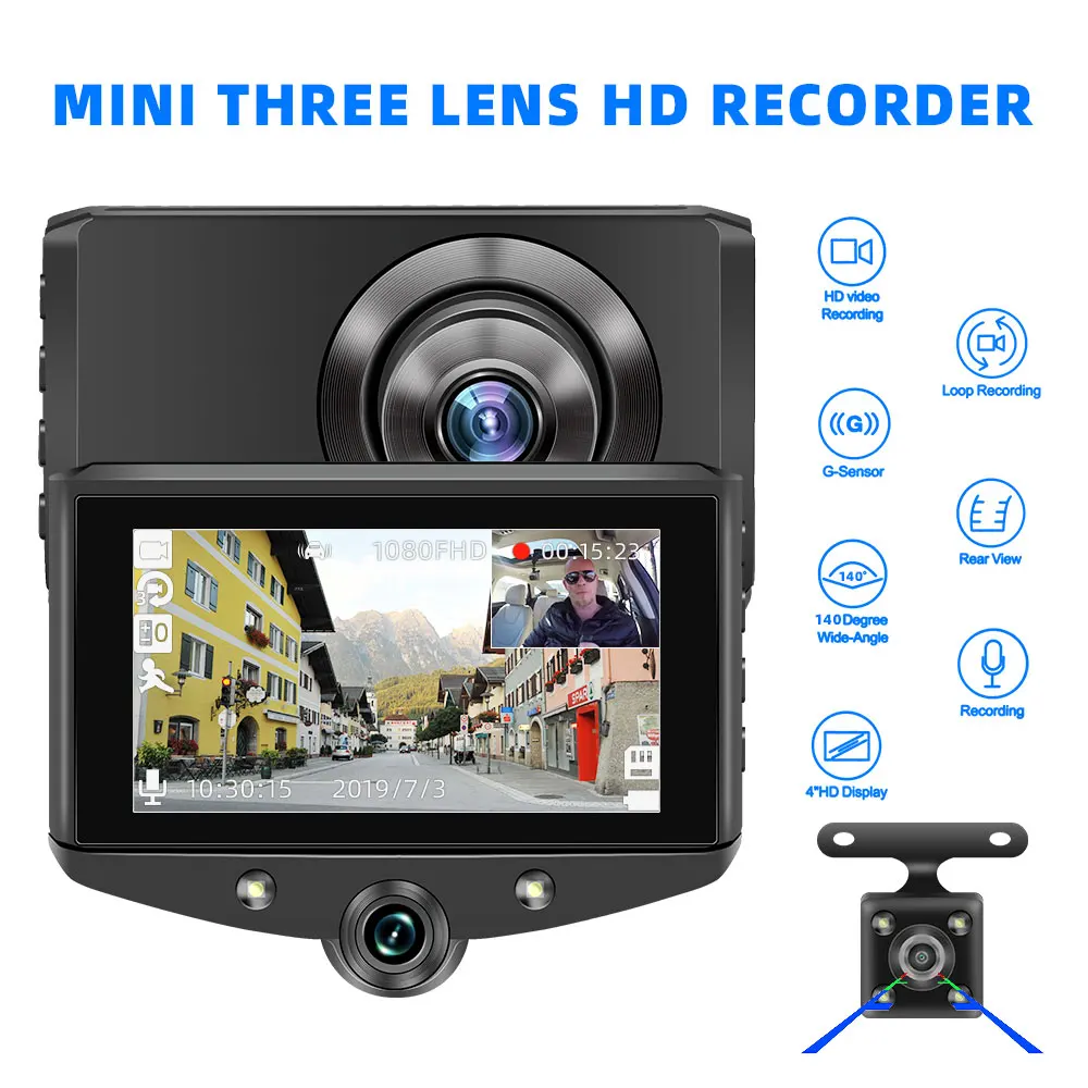 

Mini Car DVR 3 Cameras 4'' IPS 1080P HD Rearview Camera Dash Cam Loop Recording Parking Monitor Video USB Camera H5-3