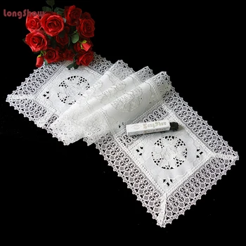 

Creative Home Decorative Handmade Cutwork Embroidery White Polyester Table Runner TV Cabinet Cover With Patchwork