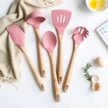 

5Pcs/Set Pink Cooking Tools Set Premium Silicone+Wood Handle Kitchen Cooking Utensils Set Turner Soup Spoon Scraper Pasta Server