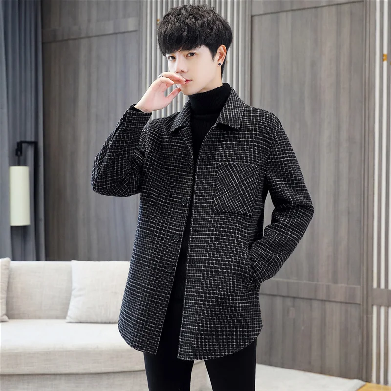 

2021 Autumn Winter Mens Wool Coat Fashion Turn Down Collar Thick Warm Woolen Jacket Male Fashion Casual Trench Coat Outwear B421