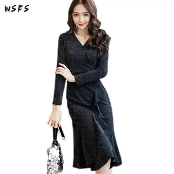 

Autumn Dress Black Sequined Vneck Full Sleeve Women Dresses Elegant Bodycon Bandage Vintage Sexy Party Lady Asymmetrical Clothes