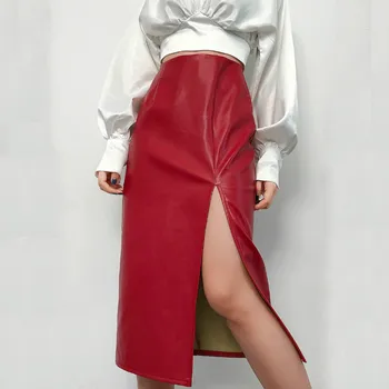 

Women Vintage Streetwear PU Leather Skirts Split Wrap Mid-Length High Waist Slim OL Red Skirts 2019 New Fashion