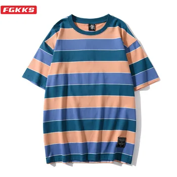 

FGKKS New Men T Shirts 2020 Summer Original Stripe Print Men's Casual Short Sleeve Top Fashion Brand Hit Color Male T-Shirt