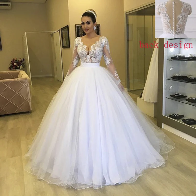 Miaoduo abiti da sposa элегантное Пышное Бальное платье Свадебные платья с длинным рукавом v-образным вырезом кружева аппликации и пол костюм для свадьбы платье