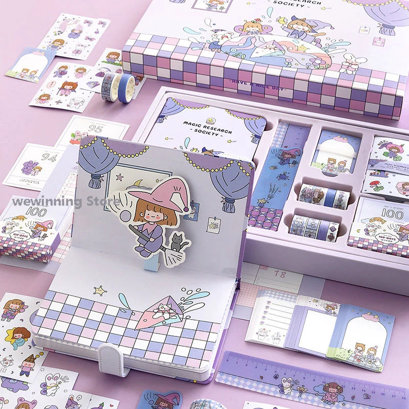 Kawaii Notebook Box Set Notepads Stationery Cute Purple Pink Diary Budget Book Journal and Washi Tape Gift School Supplies