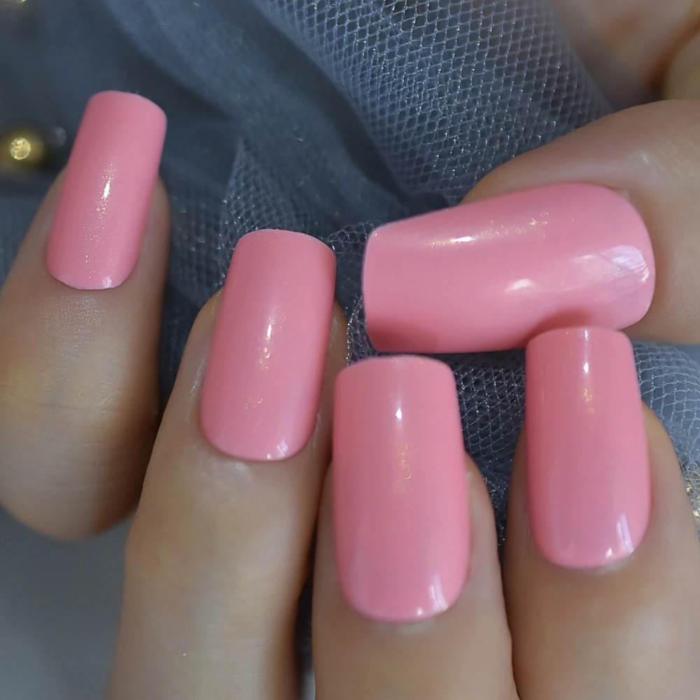 

Square Nails Korea Slim Solid Pink UV Gel Cover Arcrylic Artificial Nails Medium Size with Adhesive Gluetabs Kit 24
