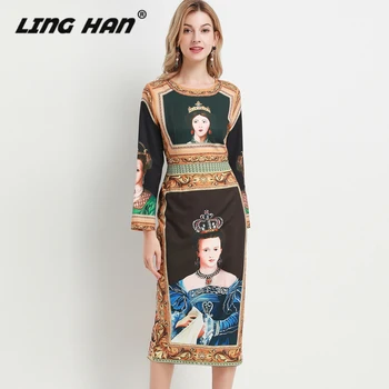 

LINGHAN Vintage Print Slim pencil Dress Women's Elegant Long sleeve O-Neck Party Dresses Designer Spring Summer New