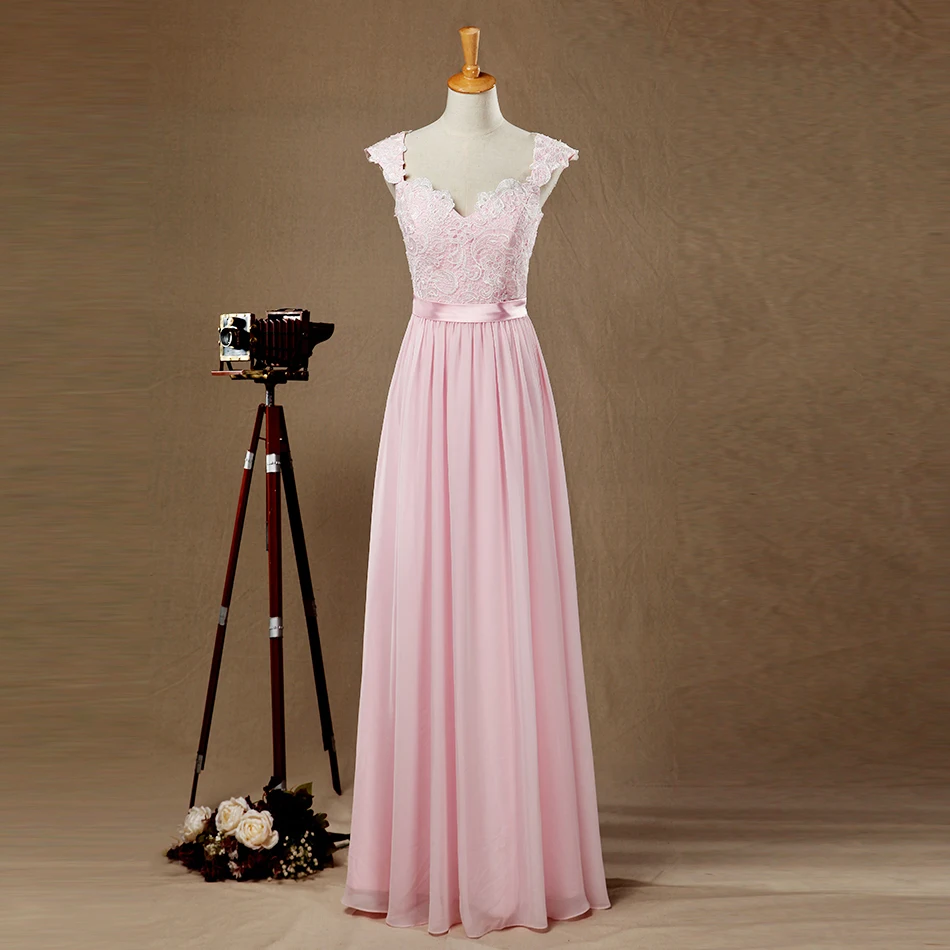 

Pink Lace Top Chiffon Skirt Evening Dress with Cap Sleeve A Line robe de soiree Formal Dress Illusion Back vestidos elegantes
